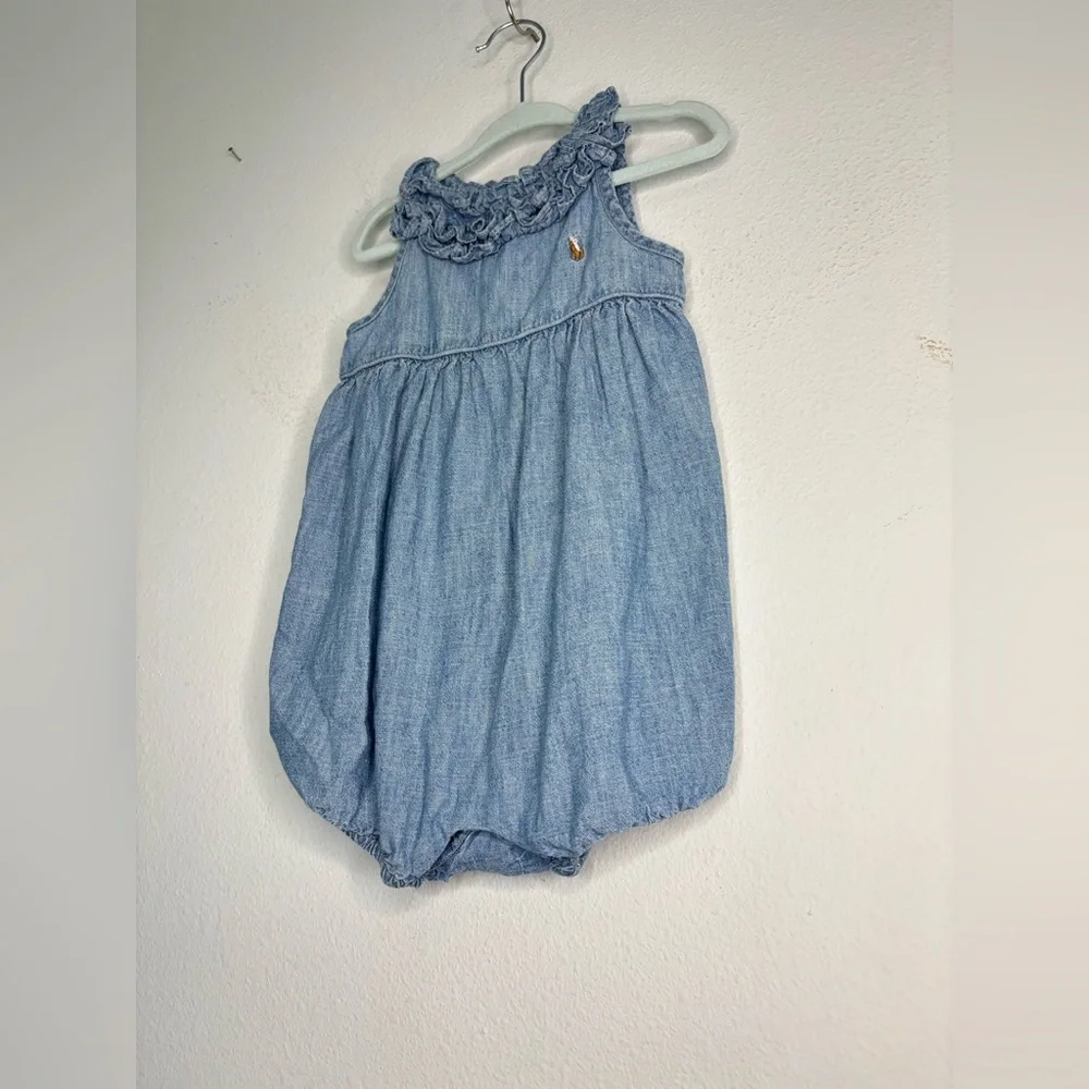 POLO RALPH LAUREN VINTAGE DENIM RUFFLE BABY GIRLS ONSIE SZ 6-12MONTHS